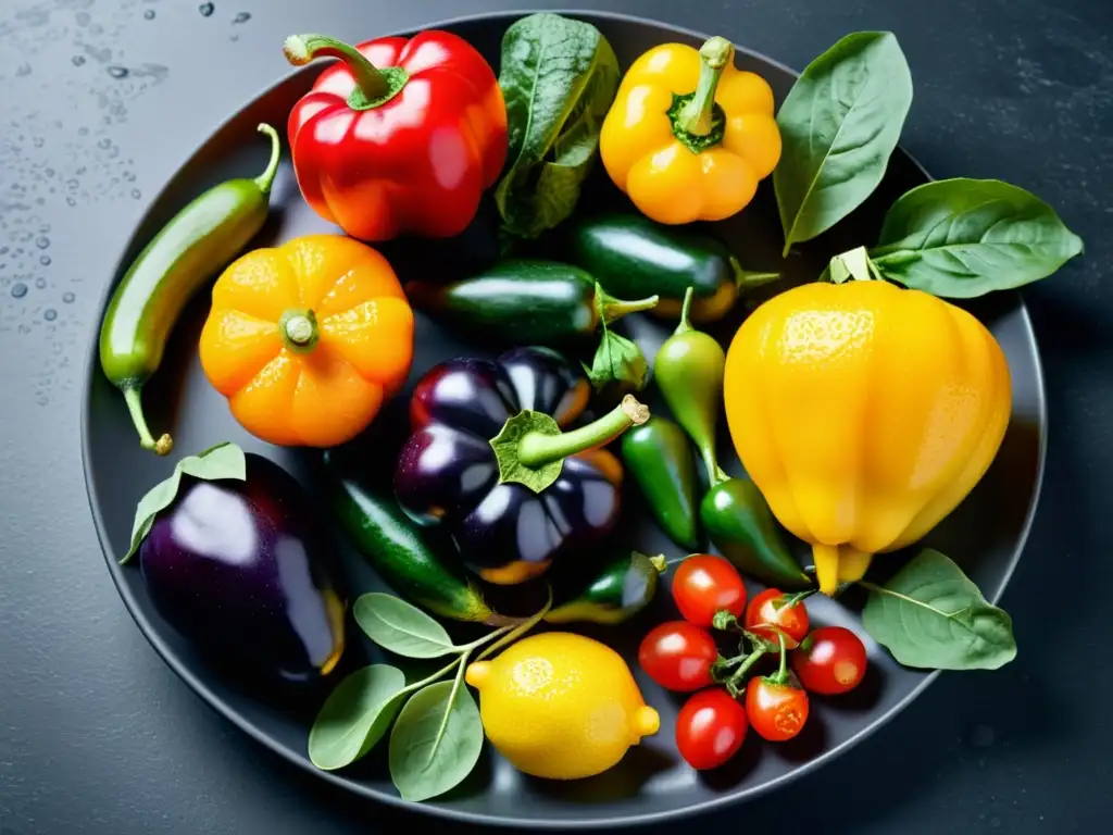 Una vibrante variedad de frutas y verduras en un patrón circular sobre superficie oscura