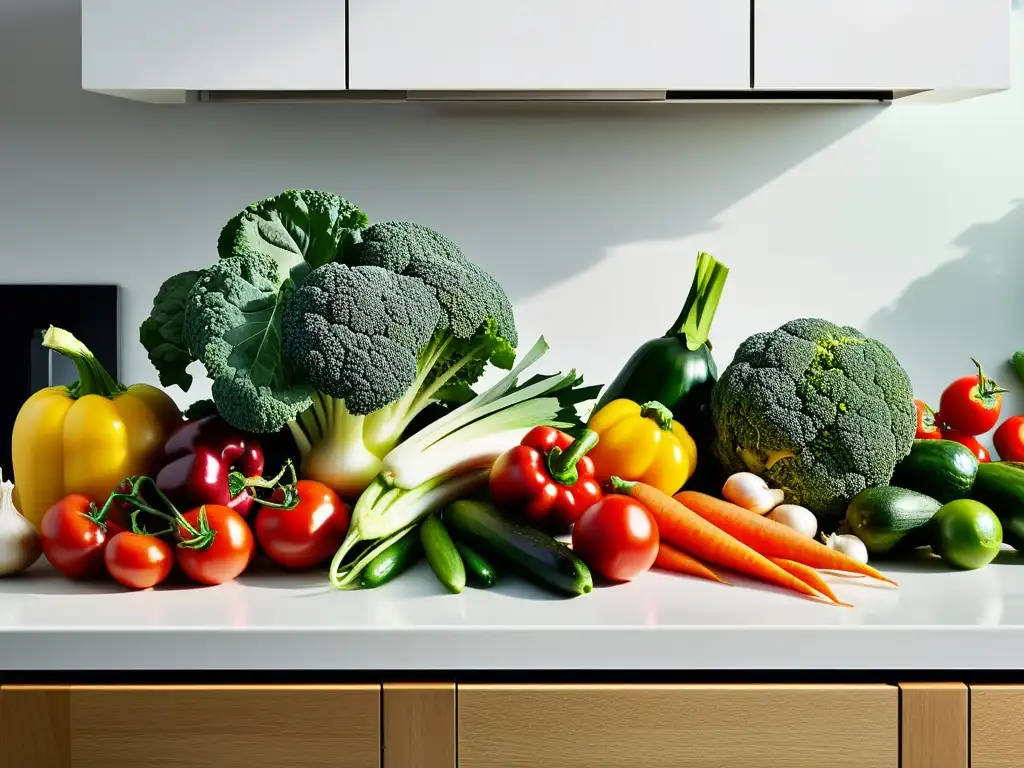 Vibrante variedad de verduras orgánicas y proteínas magras en una cocina moderna