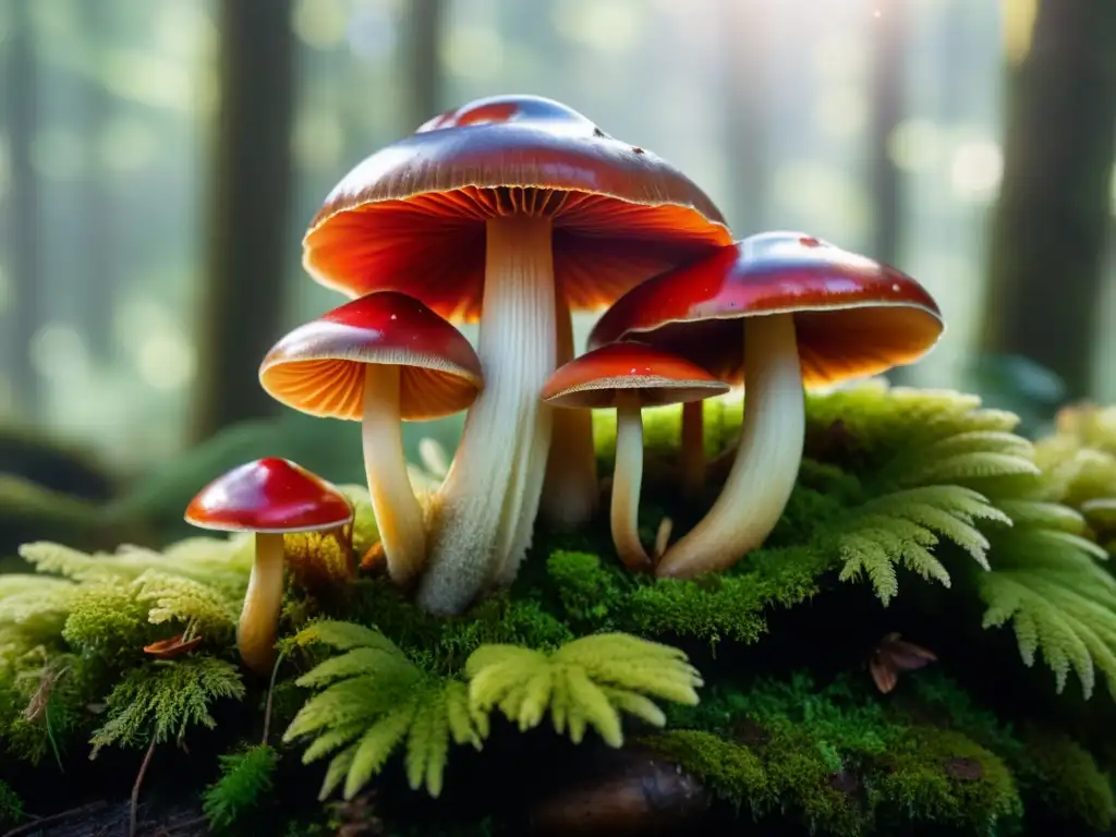 Vibrantes hongos medicinales rojos fortalecen inmunidad en mágico bosque iluminado