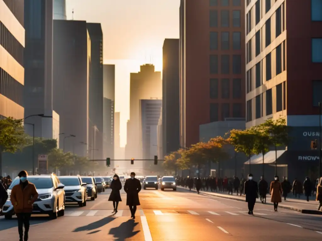 Vida cotidiana en una ciudad afectada por la contaminación del aire, resaltando la importancia de proteger el sistema inmunológico