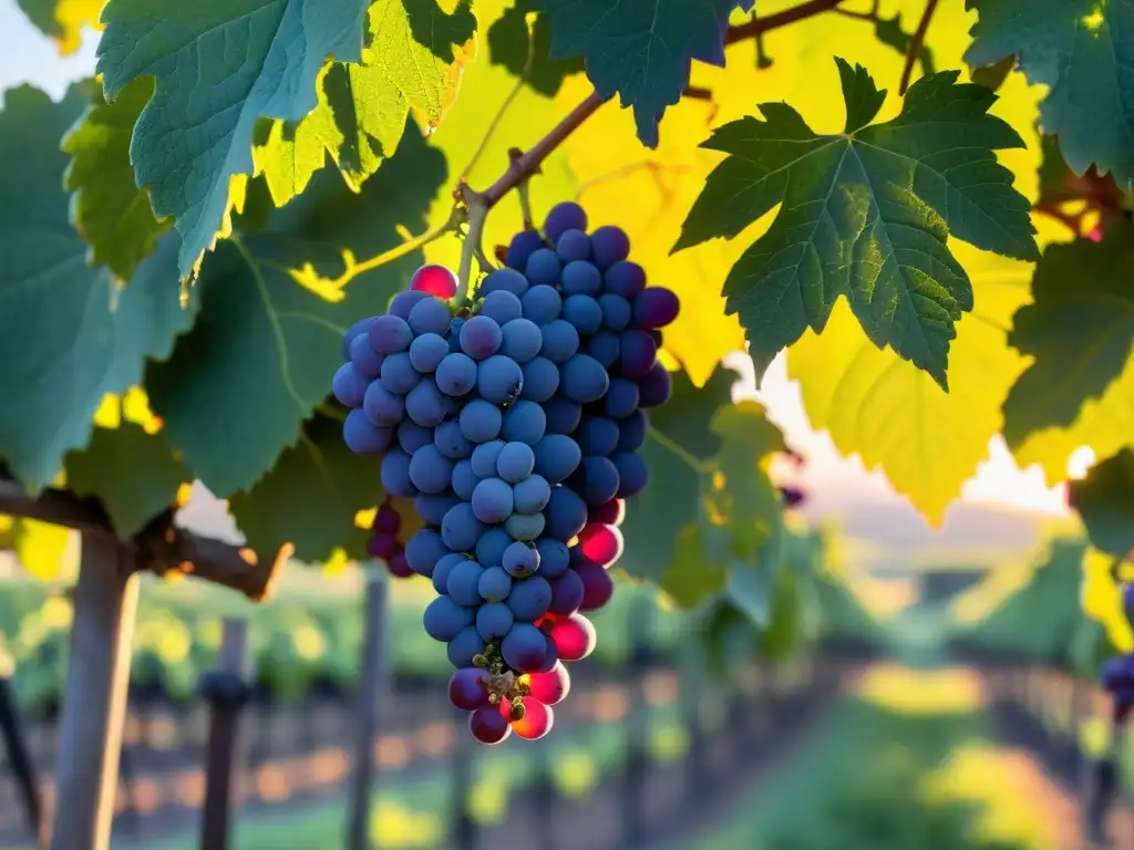 Viñedo de uvas moradas al atardecer, bañado por la cálida luz dorada del sol