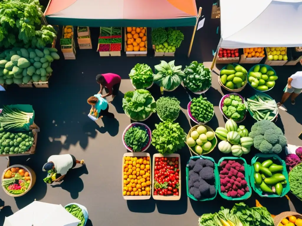 Vista aérea de un bullicioso mercado de agricultores con frutas, verduras y hierbas frescas en colores vibrantes