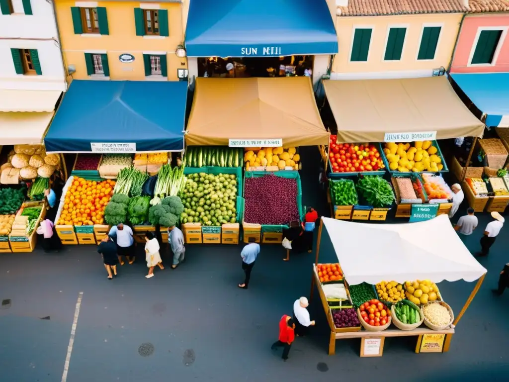 Vista aérea de un bullicioso mercado mediterráneo con frutas, verduras y pescado fresco