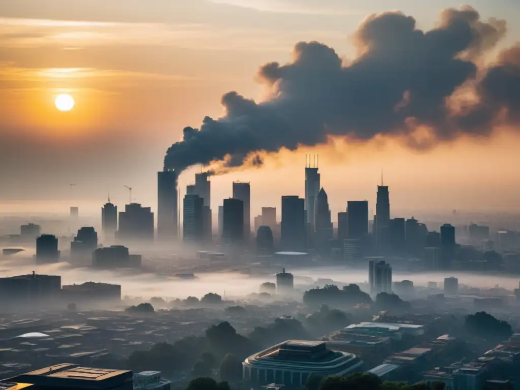 Vista aérea de una ciudad cubierta de smog, con la contaminación del aire afectando el sistema inmunológico