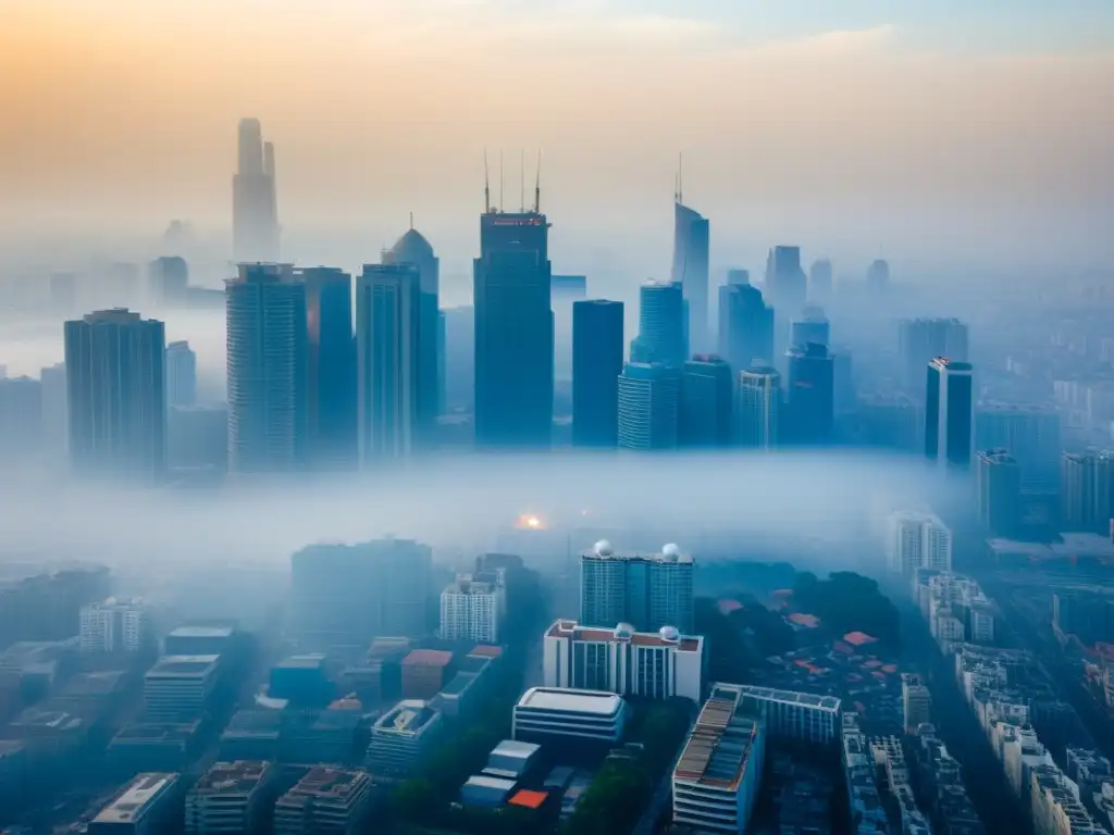 Vista aérea de ciudad envuelta en smog, con edificios apenas visibles