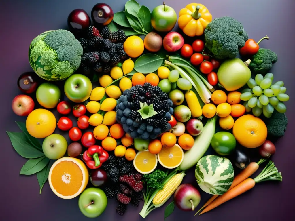 Vista aérea de frutas y verduras vibrantes y detalladas en un patrón circular, destacando la importancia del equilibrio para el sistema inmunológico