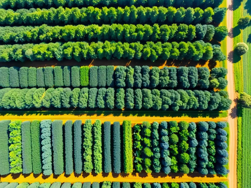 Vista aérea de granja con cultivos variados y coloridos bañados por el sol