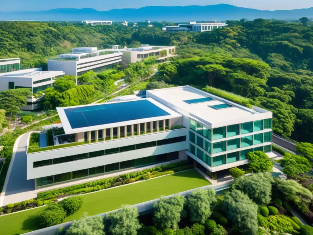 Vista aérea de un moderno hospital rodeado de naturaleza, reflejando esperanza y tranquilidad