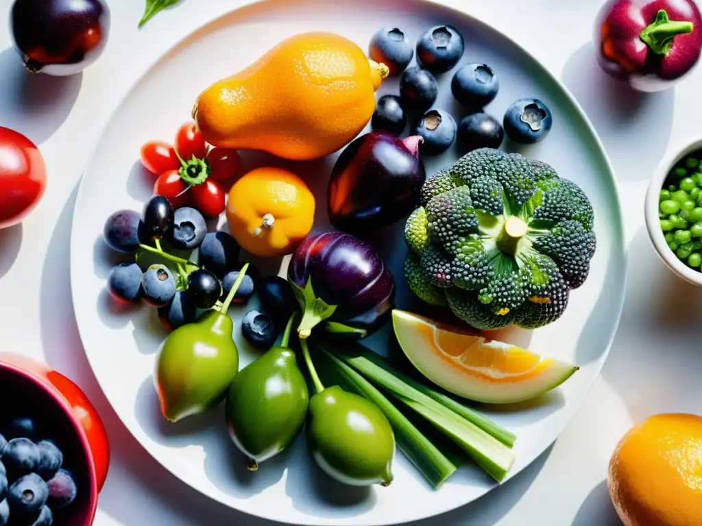 Vista cercana de frutas y verduras coloridas en un plato blanco, alimentos para fortalecer sistema inmunológico