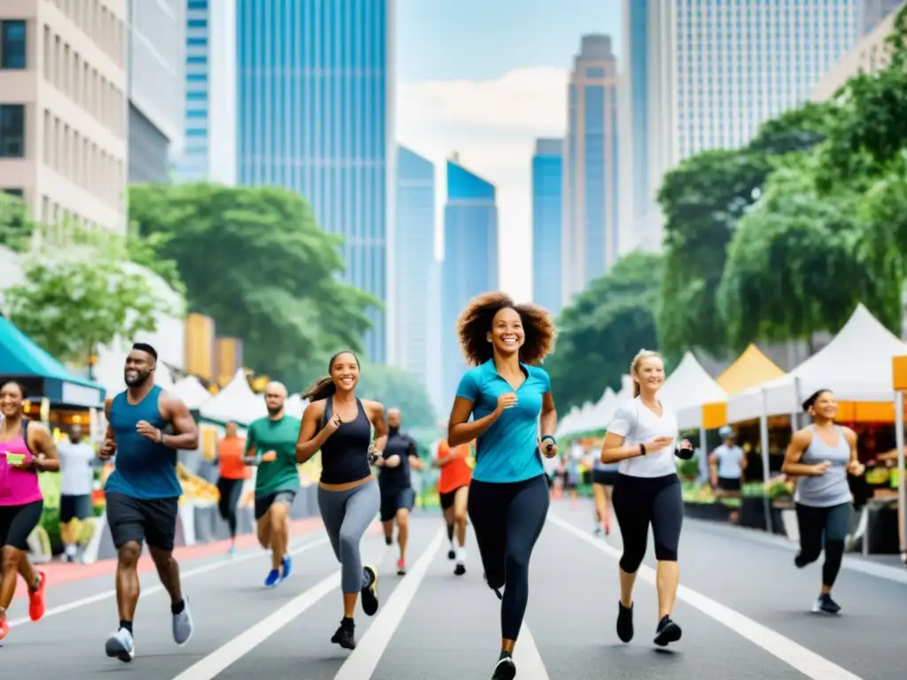 Vista de ciudad con actividad física y alimentación saludable, resaltando la importancia de un sistema inmunológico fuerte