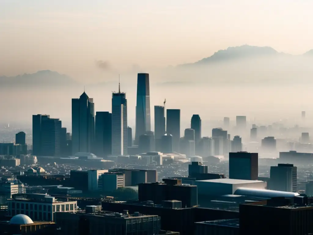 Vista de la ciudad moderna con alta contaminación del aire, resaltando la importancia de dispositivos de monitoreo de calidad del aire