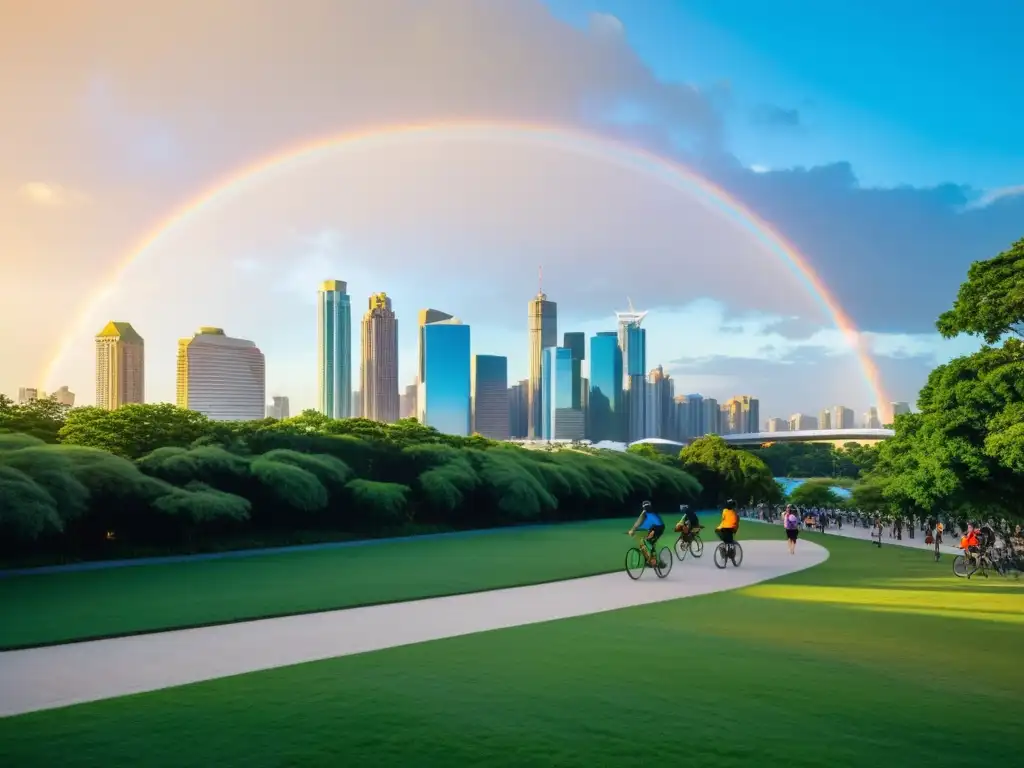 Vista de la ciudad moderna con parque urbano, personas haciendo ejercicio, cielo despejado y un vibrante arcoíris