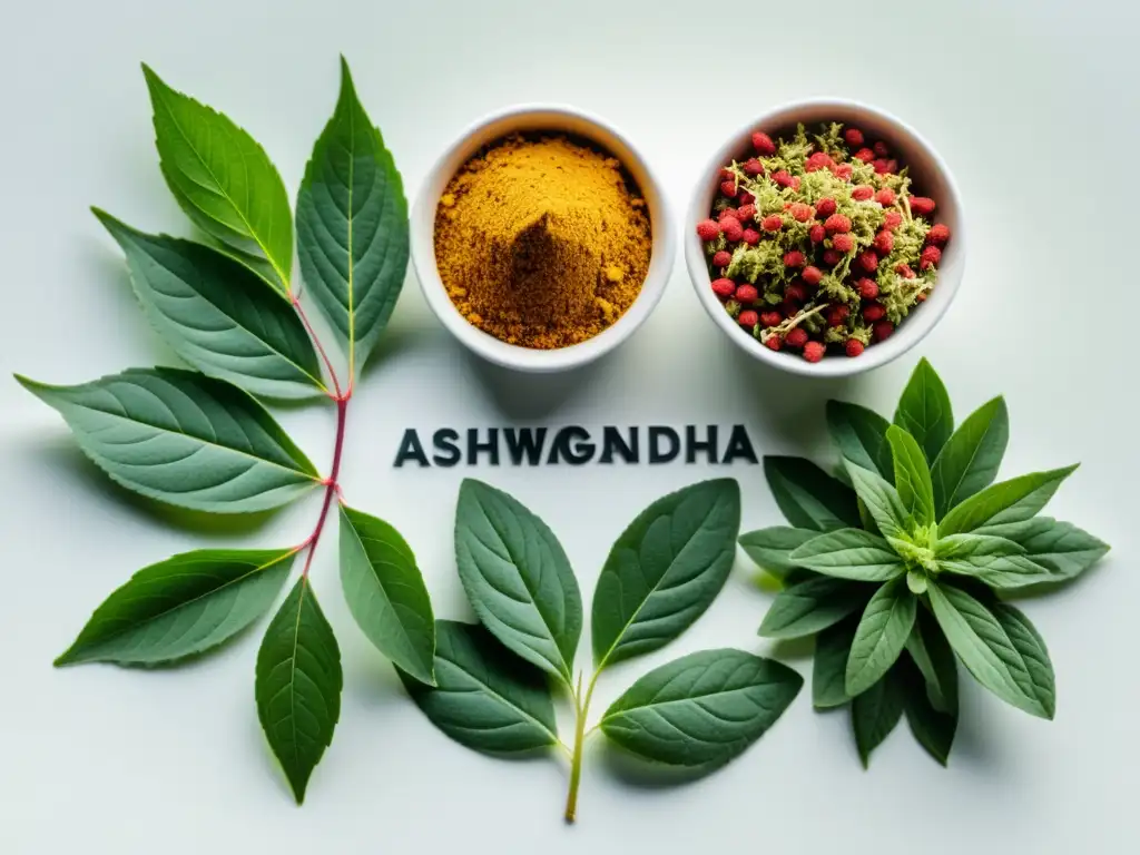 Vista detallada de adaptógenos como ashwagandha, albahaca santa y rhodiola en elegante presentación blanca