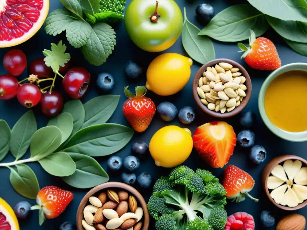 Vista detallada de alimentos antiinflamatorios en una composición colorida y simétrica, promoviendo una dieta antiinflamatoria y fortaleciendo el sistema inmunológico