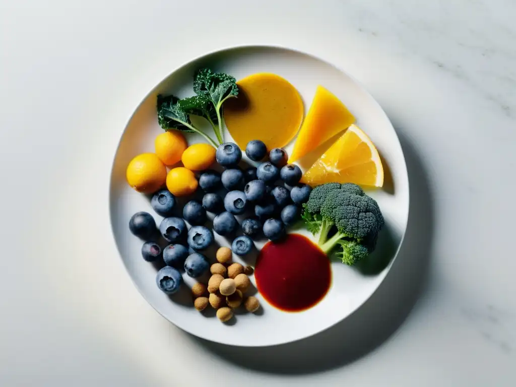 Vista detallada de alimentos potenciadores del sistema inmunológico en plato blanco moderno, resaltando colores y texturas vibrantes