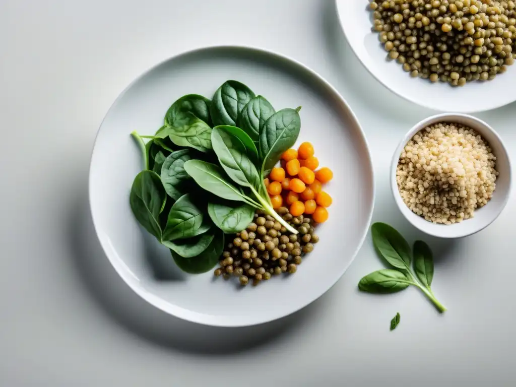 Vista detallada de alimentos ricos en hierro, como espinacas, lentejas, quinoa y carnes magras, en una elegante bandeja blanca