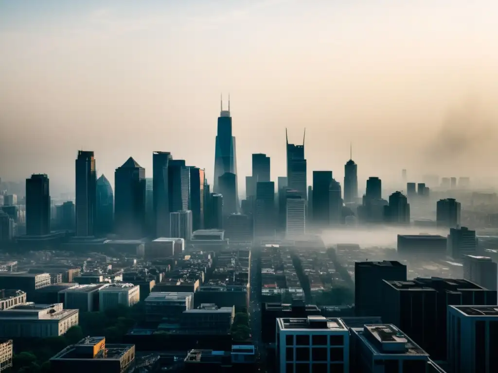 Vista detallada en 8k de una ciudad con contaminación que debilita el sistema inmunológico