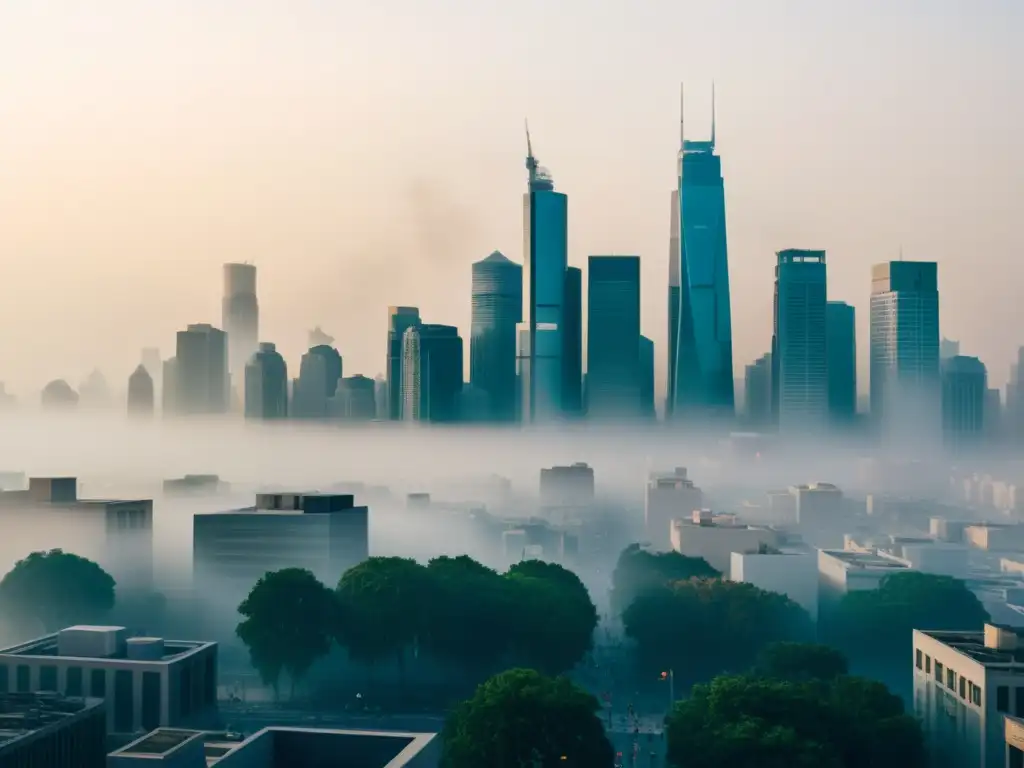 Vista detallada de la ciudad envuelta en smog, con personas usando wearables para evaluar calidad del aire en un entorno urbano moderno y tecnológico