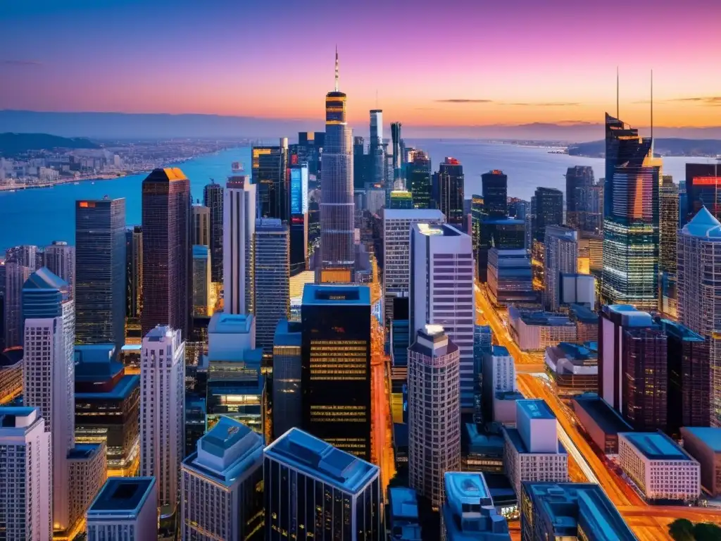 Vista detallada de una ciudad vibrante al atardecer, con rascacielos modernos que se elevan contra un cielo crepuscular