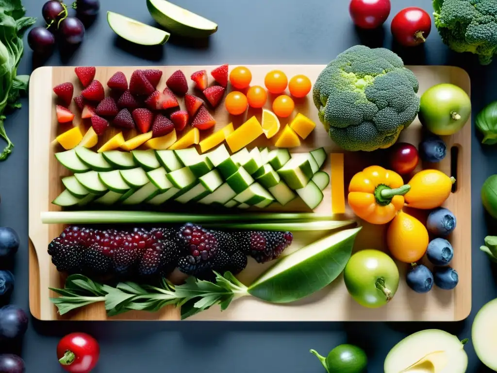 Una vista detallada de frutas y verduras coloridas en una tabla de cortar moderna, resaltando los beneficios prebióticos para el sistema inmunológico