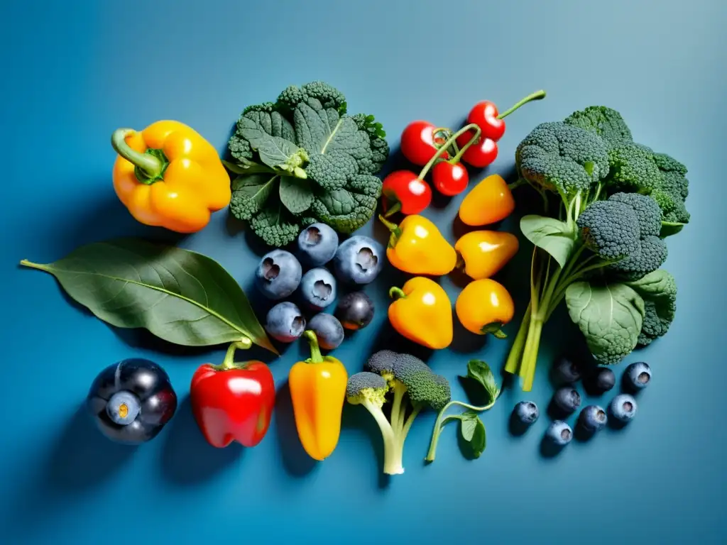 Vista detallada de frutas y verduras antioxidantes en un arreglo moderno