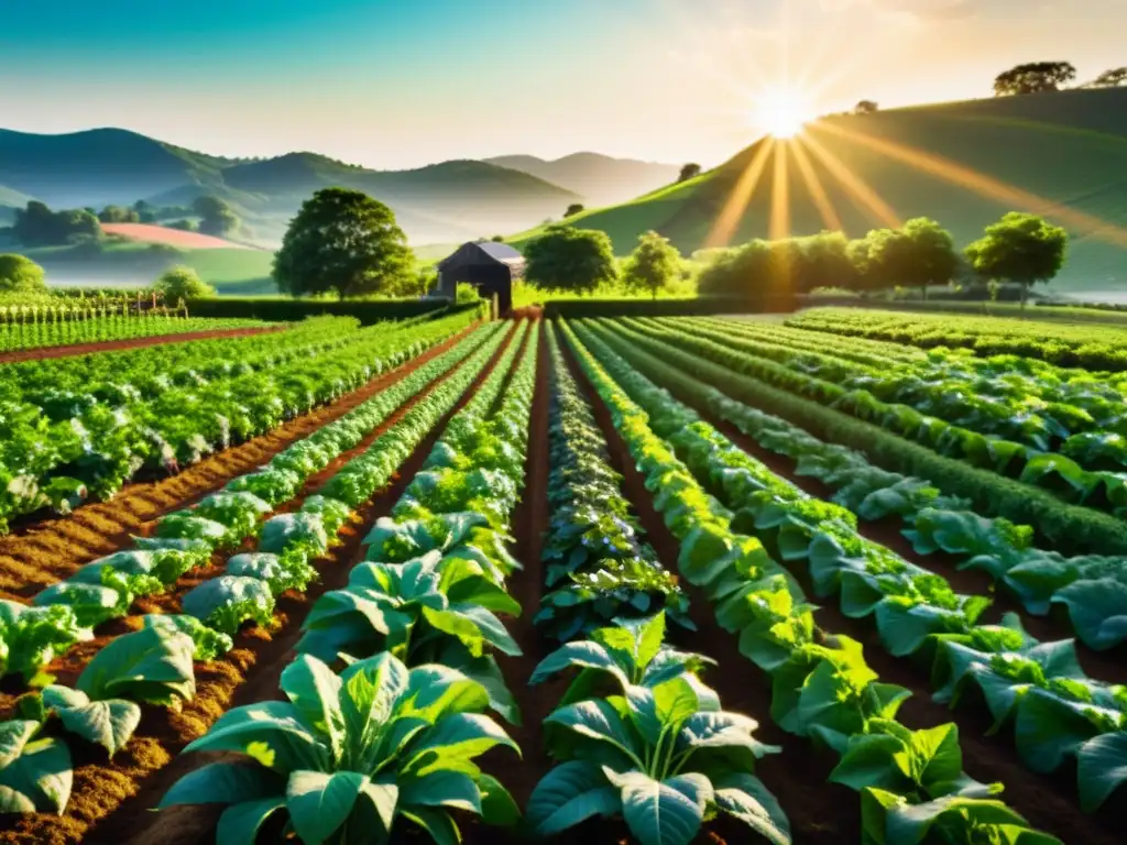 Vista detallada de una granja orgánica, con plantas verdes y el sol iluminando la escena