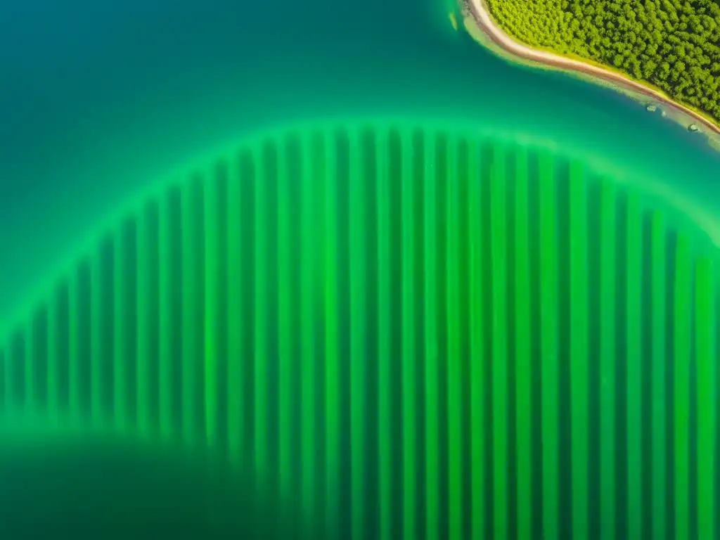 Vista detallada de una granja vibrante de espirulina en piscinas claras