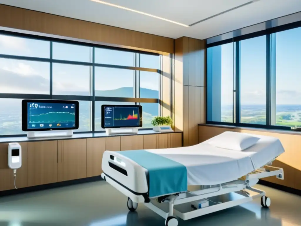 Vista detallada de una habitación de hospital moderna con integración de dispositivos médicos IoT, creando una atmósfera calmada e innovadora