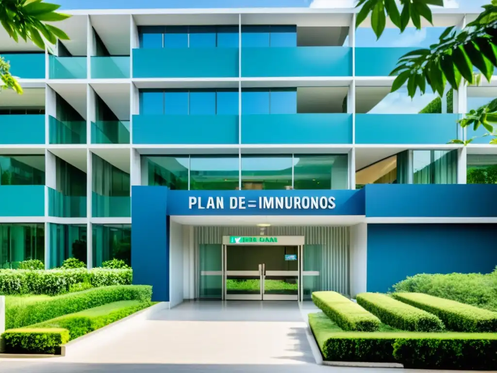 Vista detallada de hospital moderno con paisaje verde y cielo azul