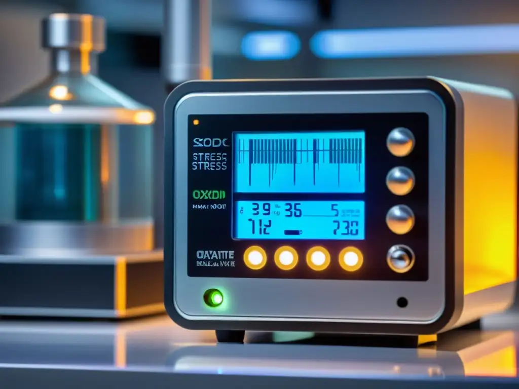 Vista detallada de medidor de estrés oxidativo en laboratorio, resaltando su importancia en investigación y salud