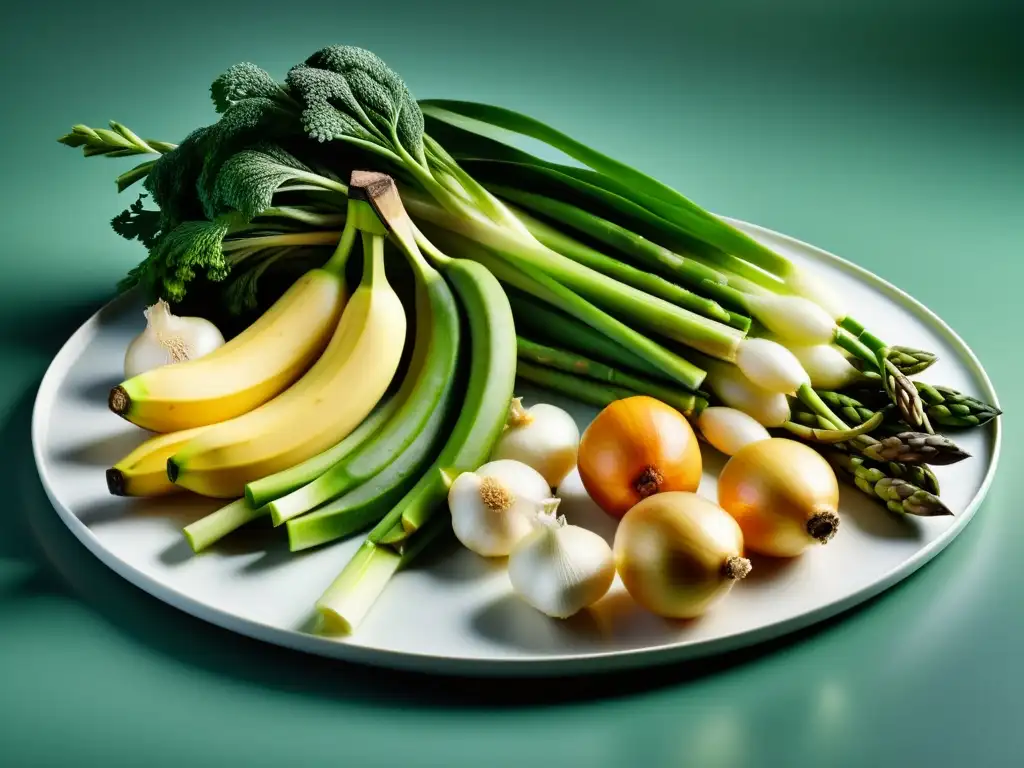 Vista detallada de prebióticos naturales para el sistema inmunológico en plato moderno, resaltando colores y texturas vibrantes de frutas y verduras