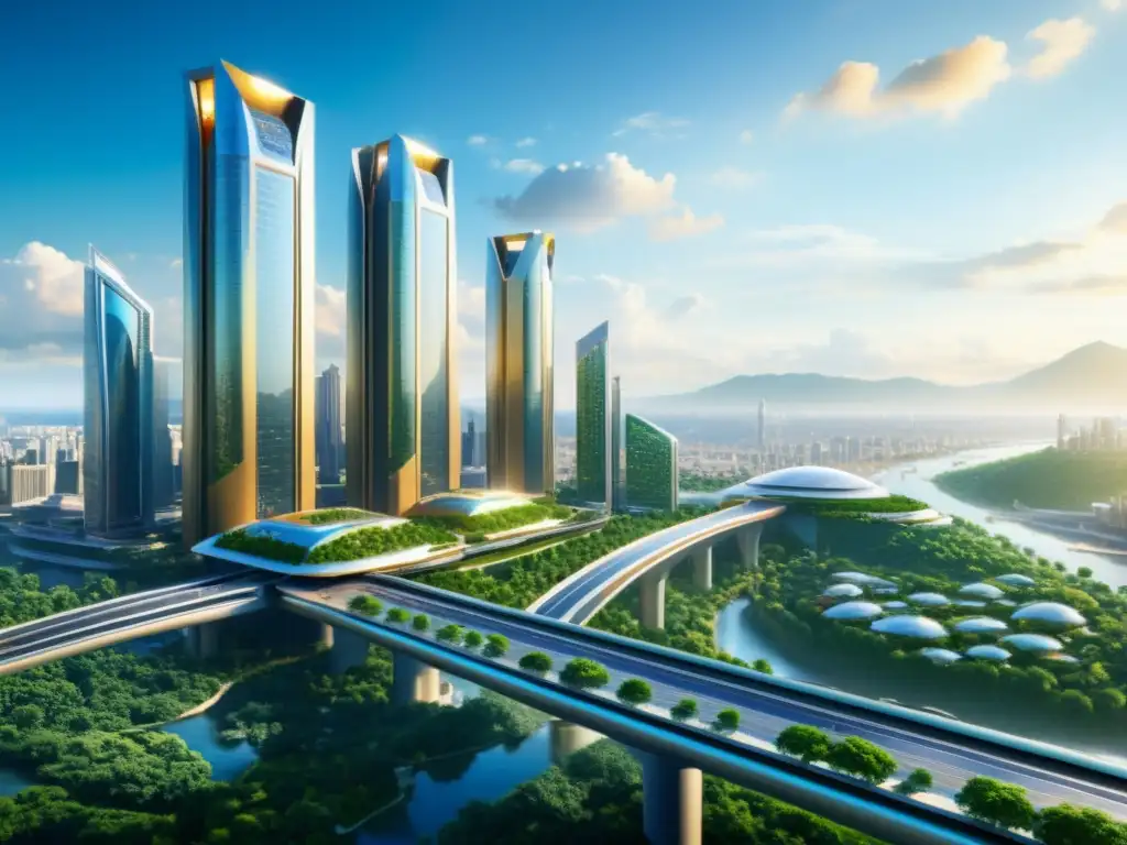 Metrópolis futurista: avance, salud y esperanza Vista futurista de una ciudad ultramoderna, con rascacielos interconectados por pasarelas brillantes, rodeada de exuberante vegetación