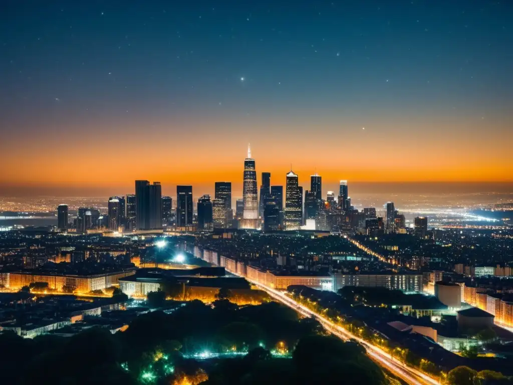 Vista nocturna de la ciudad con contaminación lumínica, efectos en la inmunidad y el sueño