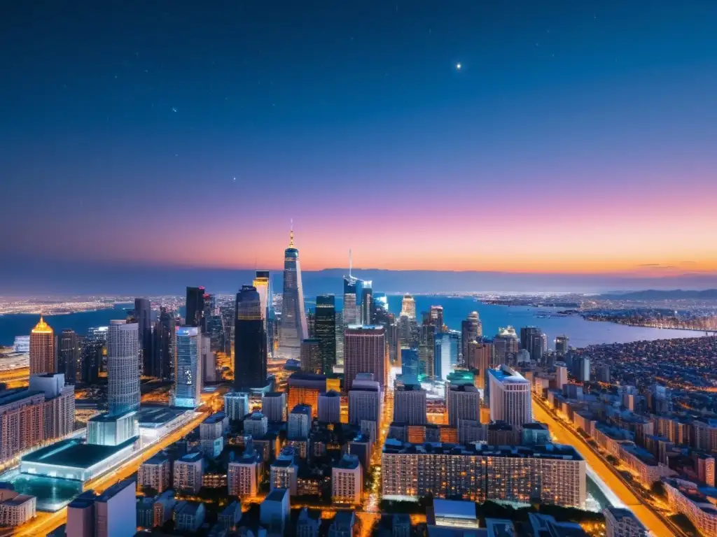 Vista nocturna de una ciudad iluminada con colores vibrantes, destacando la contaminación lumínica y sus efectos en la inmunidad y el sueño