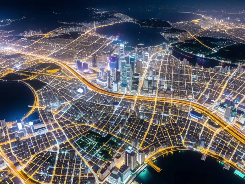 Vista nocturna de una metrópolis con luces vibrantes y redes viales complejas, mostrando la actividad bulliciosa de la ciudad