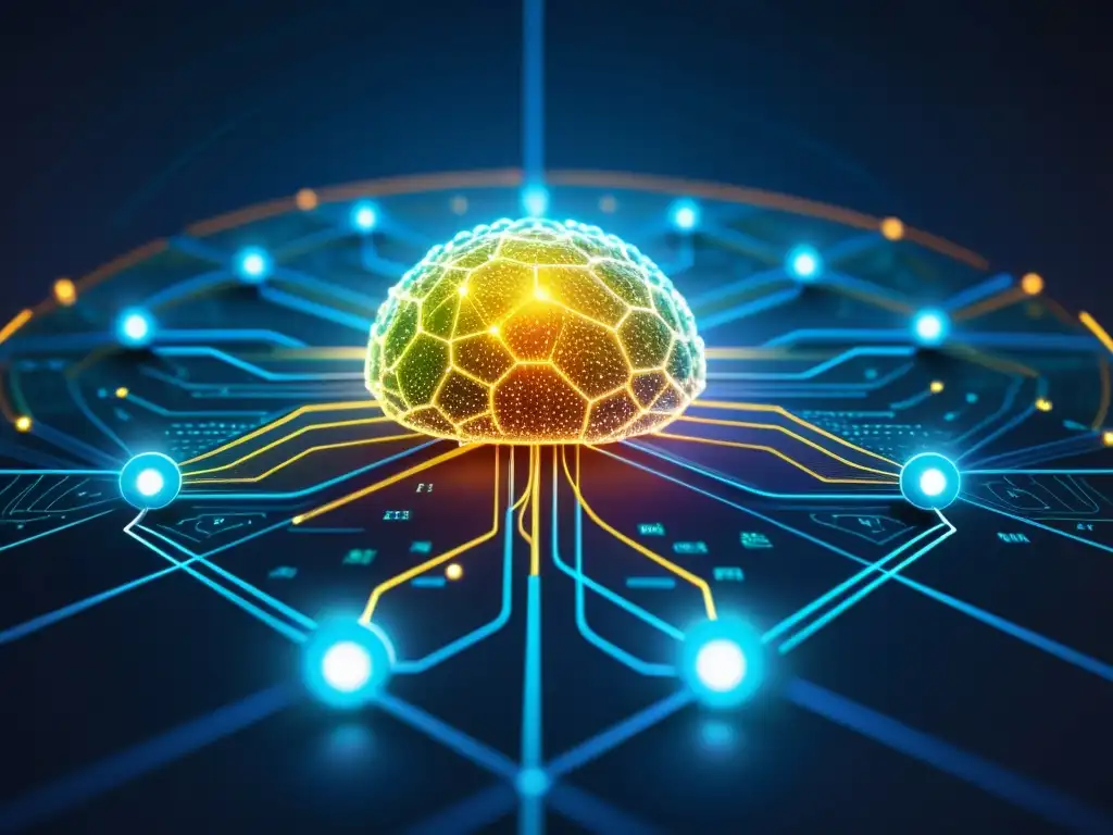 Representación visual de la ciberseguridad biomédica en el sistema inmunológico: compleja red digital con elementos futuristas y biológicos