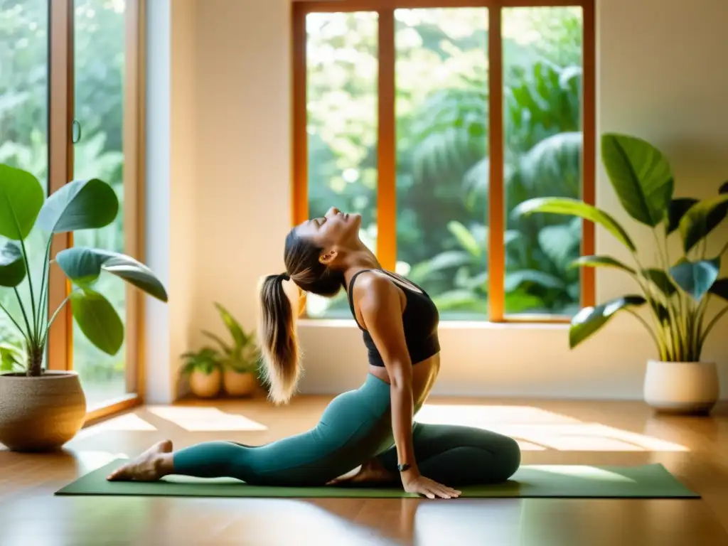 Práctica de yoga en un ambiente sereno con plantas verdes