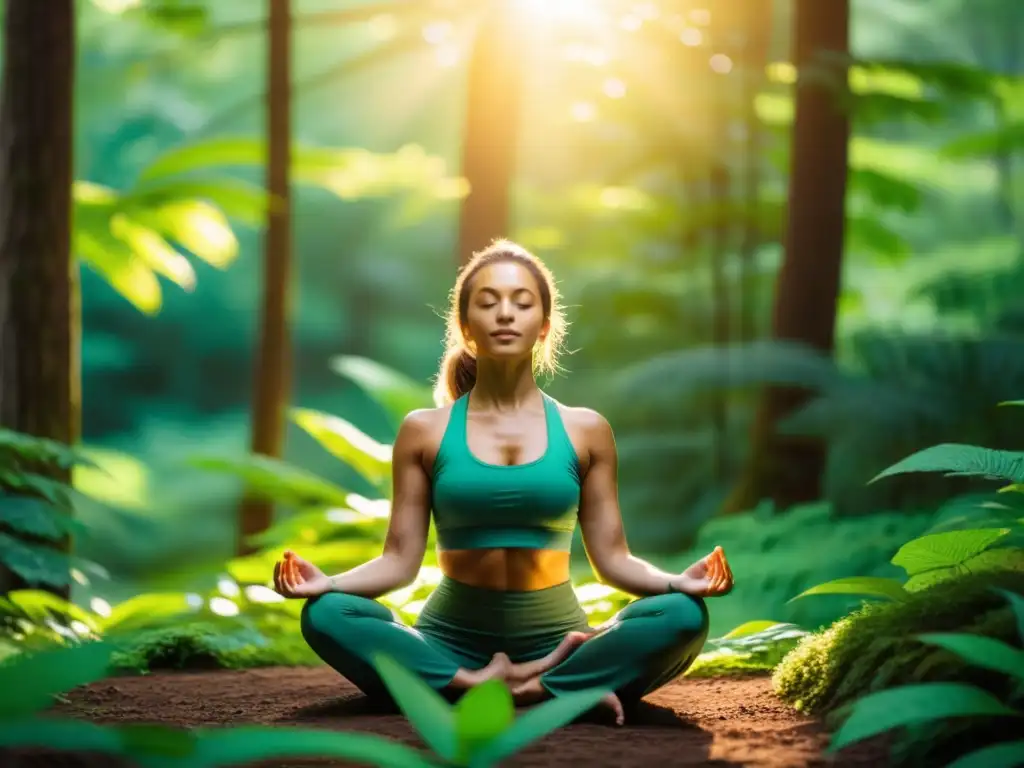 Práctica de yoga en un bosque verde y exuberante, iluminado por el cálido sol