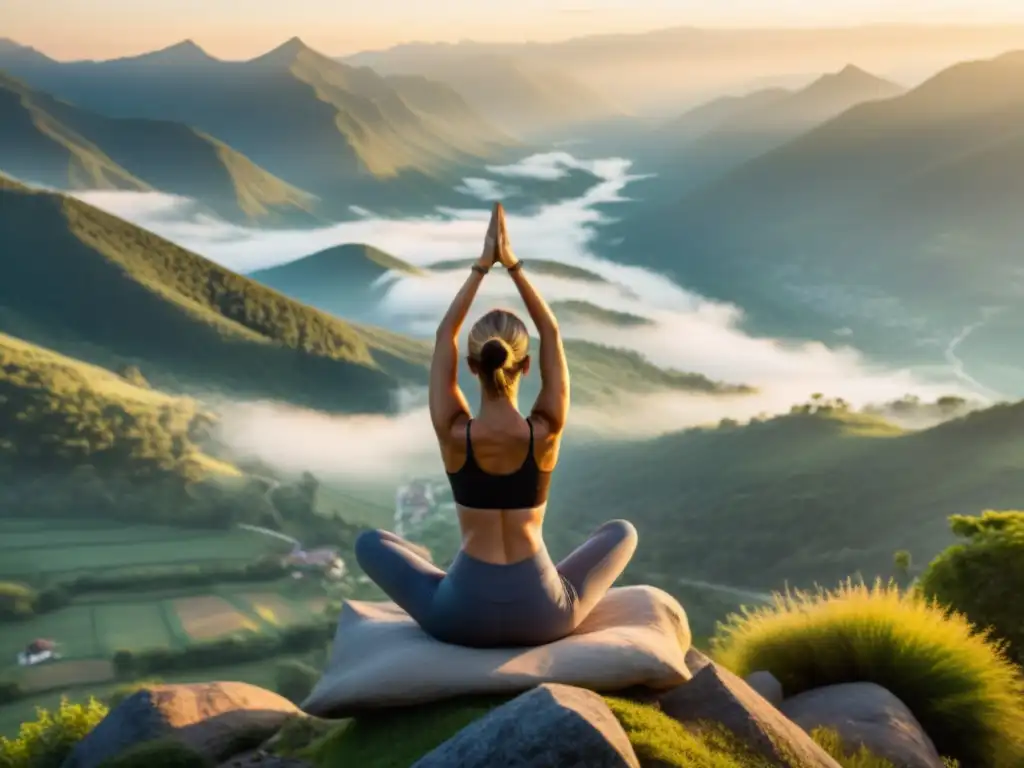 Practicando yoga al amanecer en la cima de una montaña, en postura de árbol, rodeado de naturaleza serena y montañas lejanas