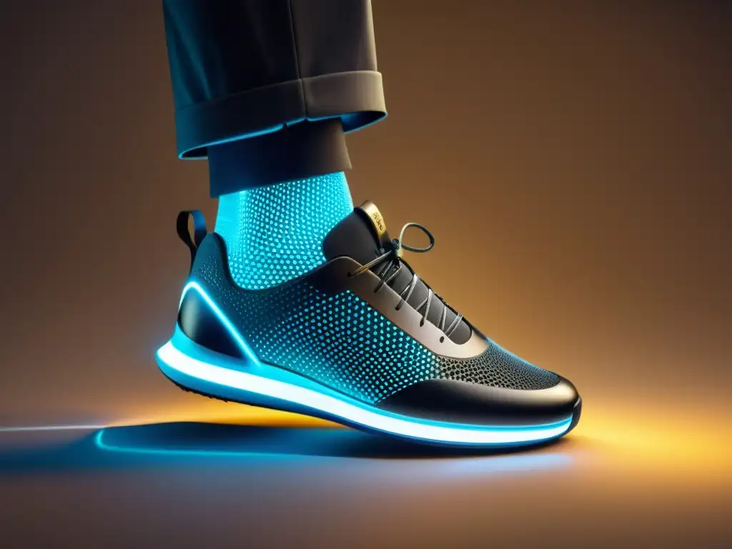 Zapatos inteligentes con sensores para inmunidad, conectados a un smartphone, destacando detalles futuristas y tecnológicos