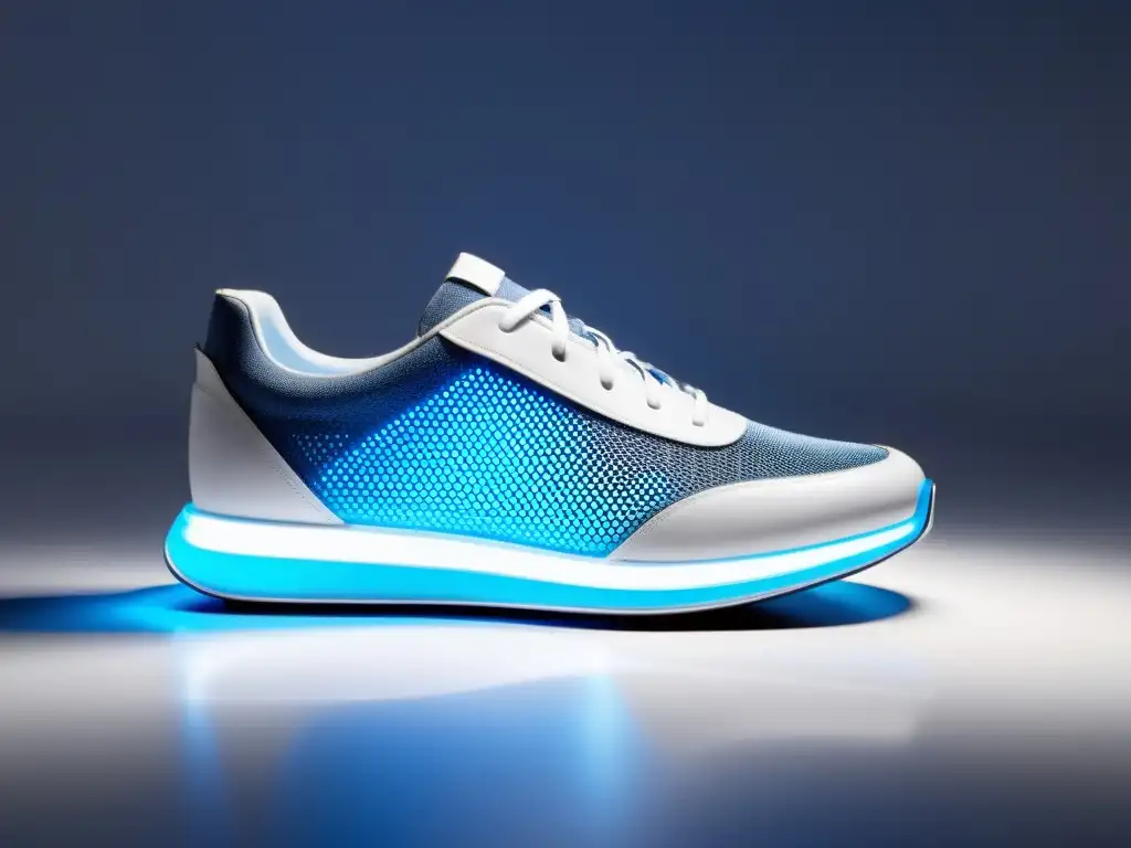 Zapatos modernos con sensores e iluminación azul futurista, innovación en calzado para inmunidad y salud